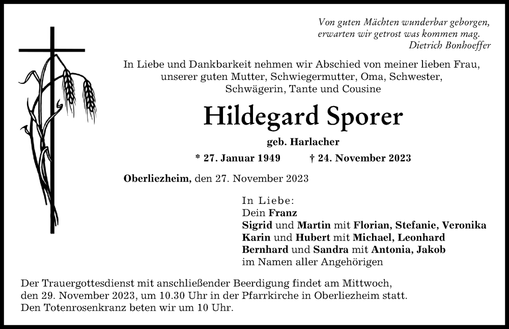  Traueranzeige für Hildegard Sporer vom 27.11.2023 aus Donau Zeitung