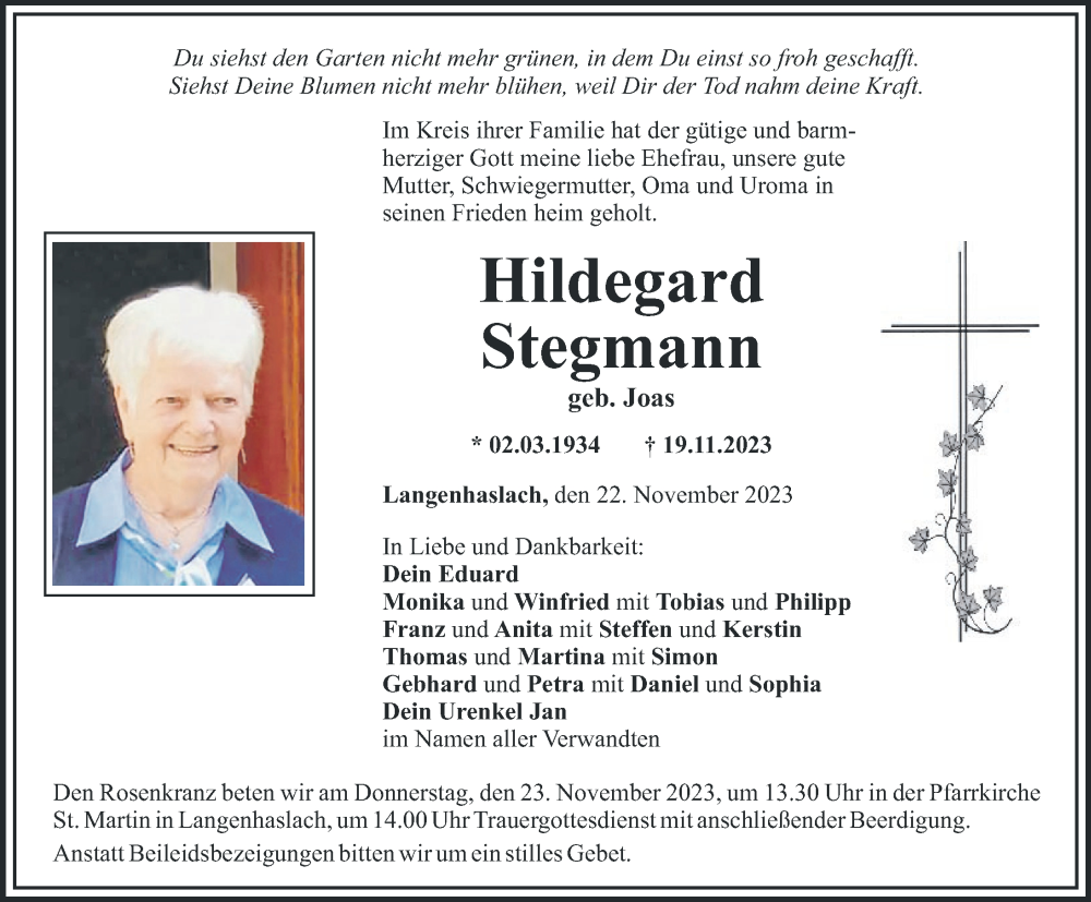 Traueranzeige von Hildegard Stegmann von Mittelschwäbische Nachrichten