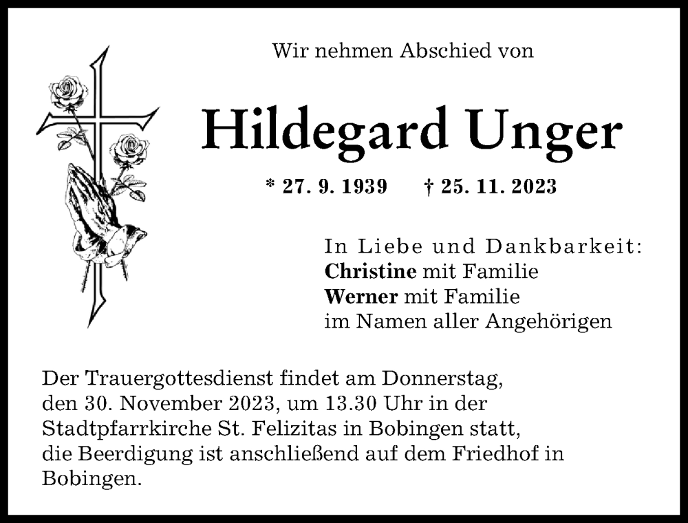  Traueranzeige für Hildegard Unger vom 29.11.2023 aus Schwabmünchner Allgemeine