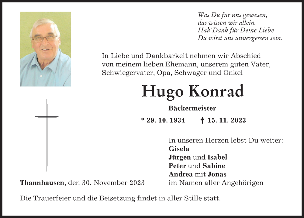  Traueranzeige für Hugo Konrad vom 30.11.2023 aus Mittelschwäbische Nachrichten