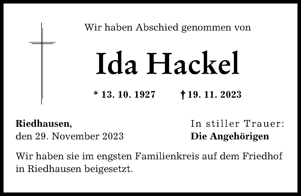  Traueranzeige für Ida Hackel vom 29.11.2023 aus Günzburger Zeitung