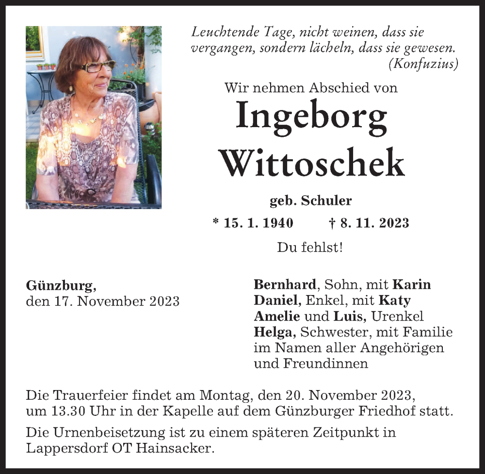 Traueranzeige von Ingeborg Wittoschek von Günzburger Zeitung