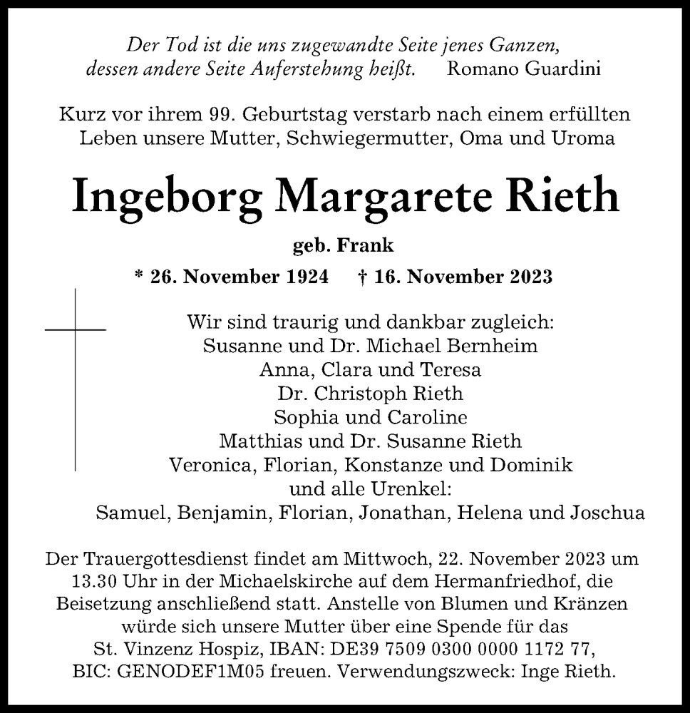  Traueranzeige für Ingeborg Margarete Rieth vom 18.11.2023 aus Augsburger Allgemeine