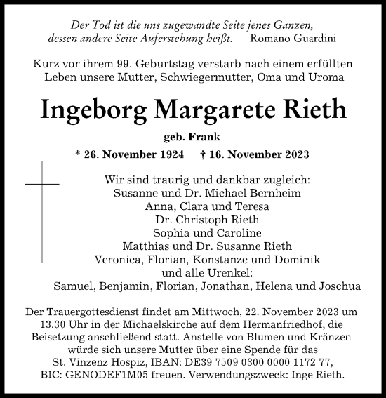 Traueranzeigen von Ingeborg Margarete Rieth | Augsburger Allgemeine Zeitung