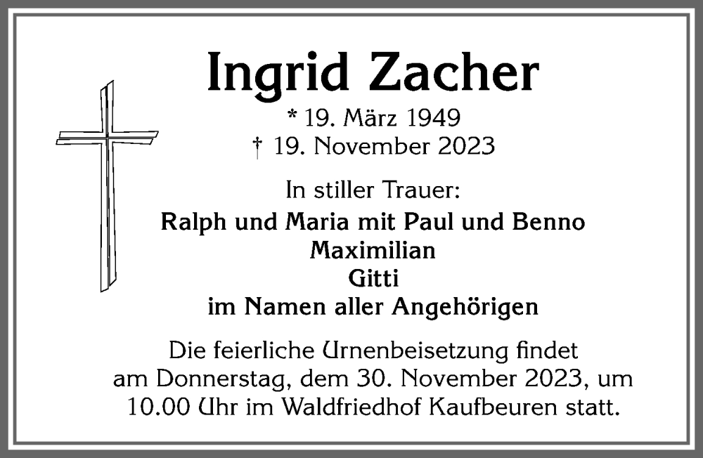  Traueranzeige für Ingrid Zacher vom 25.11.2023 aus Mindelheimer Zeitung