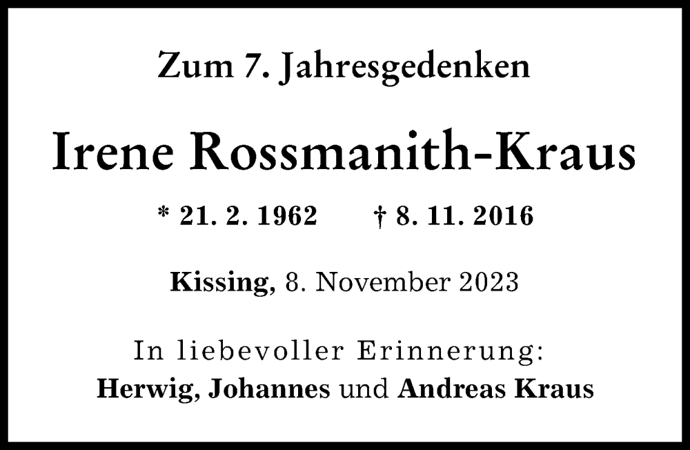 Traueranzeige von Irene Rossmanith-Kraus von Augsburger Allgemeine