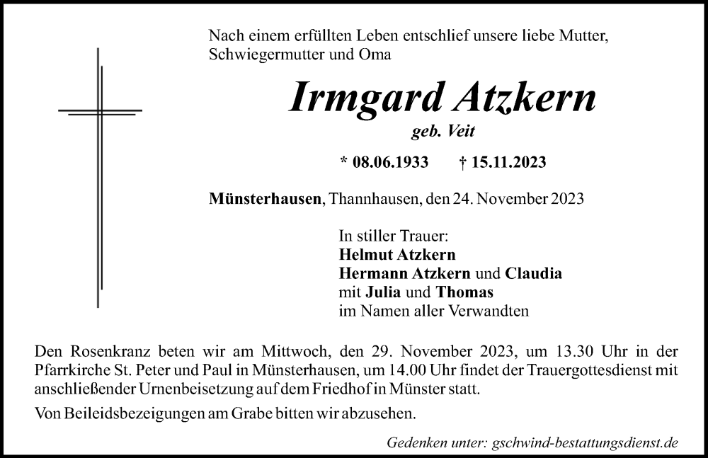 Traueranzeige von Irmgard Atzkern von Mittelschwäbische Nachrichten