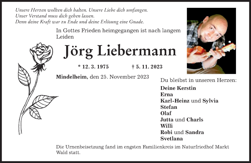  Traueranzeige für Jörg Liebermann vom 25.11.2023 aus Mindelheimer Zeitung