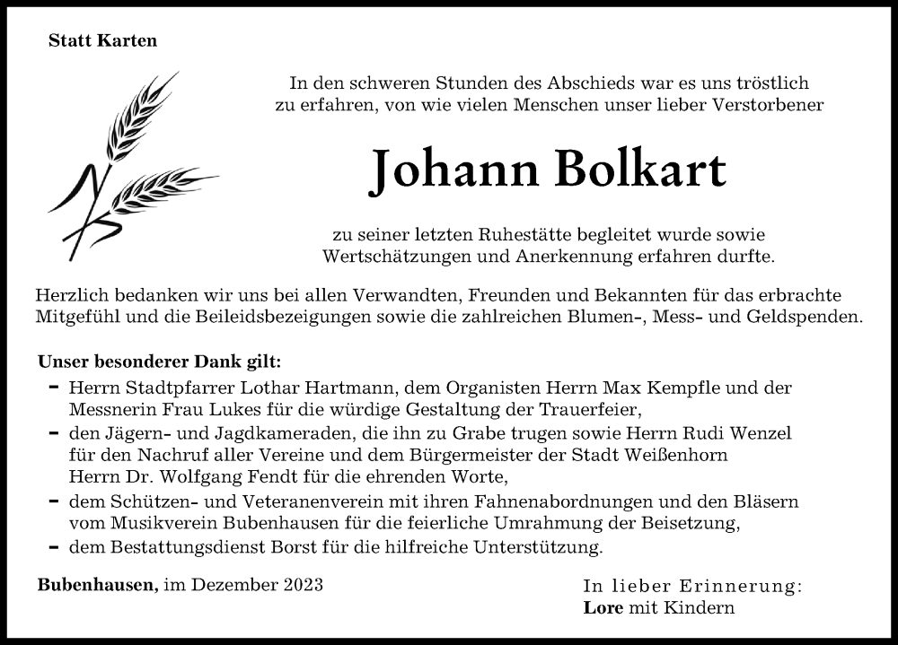  Traueranzeige für Johann Bolkart vom 01.12.2023 aus Neu-Ulmer Zeitung