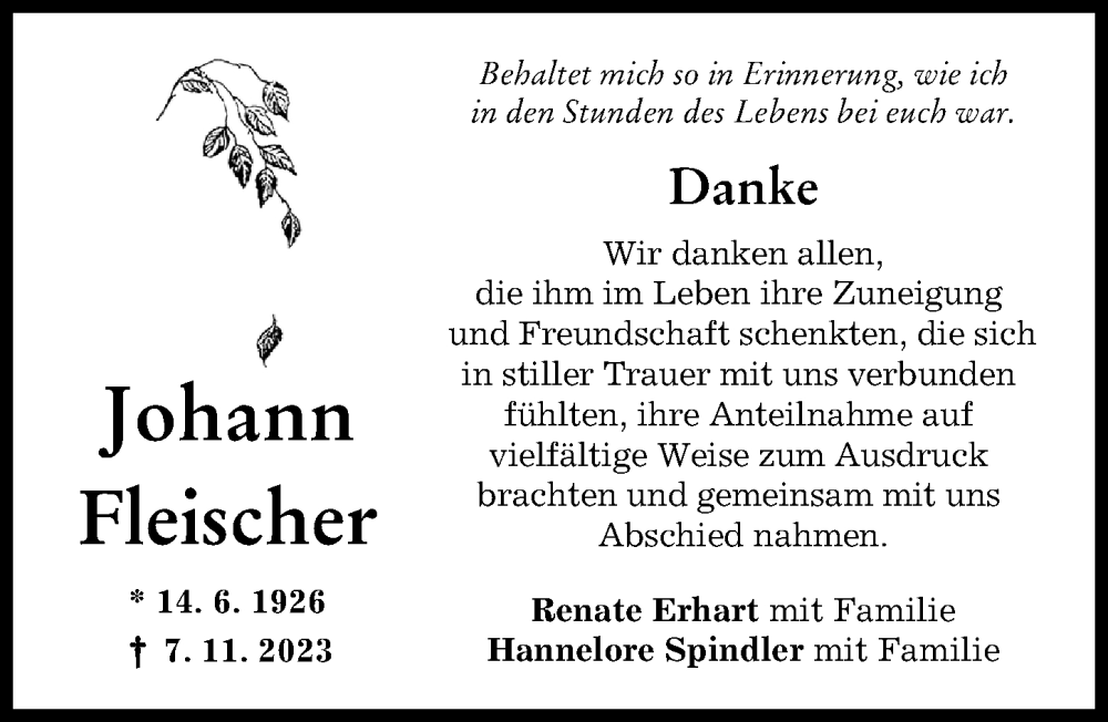 Traueranzeige von Johann Fleischer von Donau Zeitung