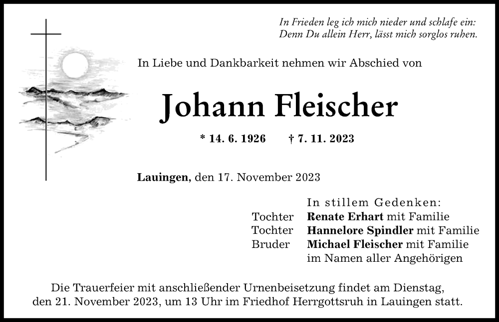 Traueranzeige von Johann Fleischer von Donau Zeitung