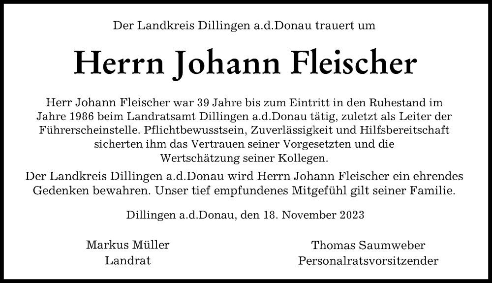 Traueranzeige von Johann Fleischer von Donau Zeitung