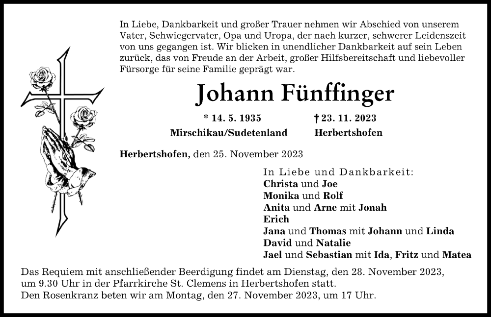  Traueranzeige für Johann Fünffinger vom 25.11.2023 aus Wertinger Zeitung, Augsburg-Land