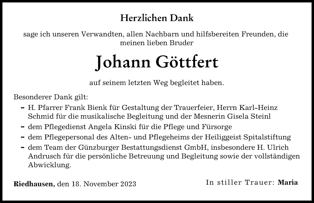 Traueranzeige von Johann Göttfert von Günzburger Zeitung