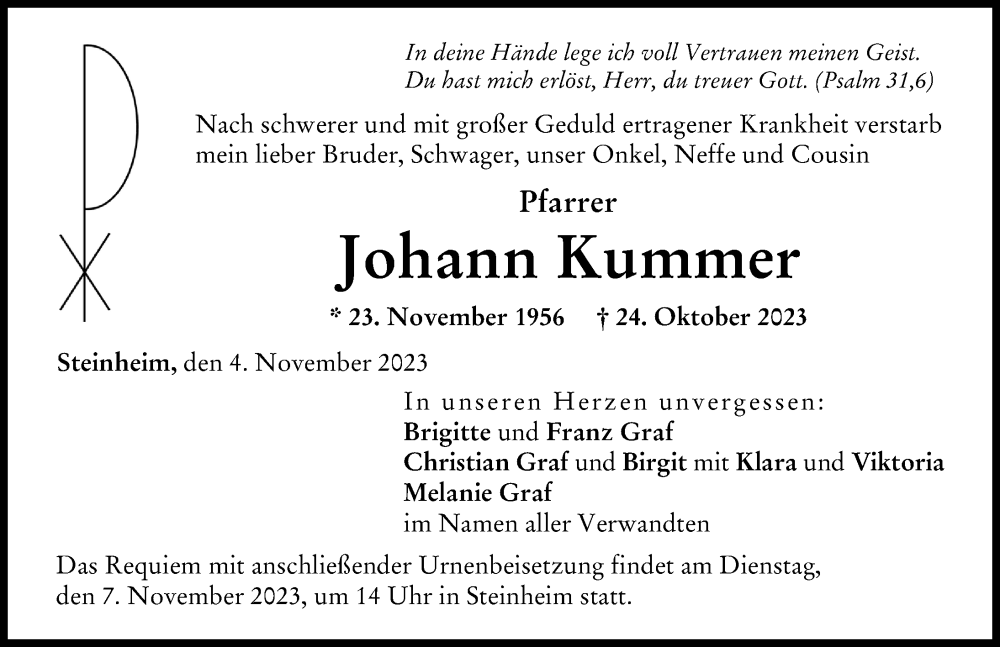 Traueranzeige von Johann Kummer von Donau Zeitung