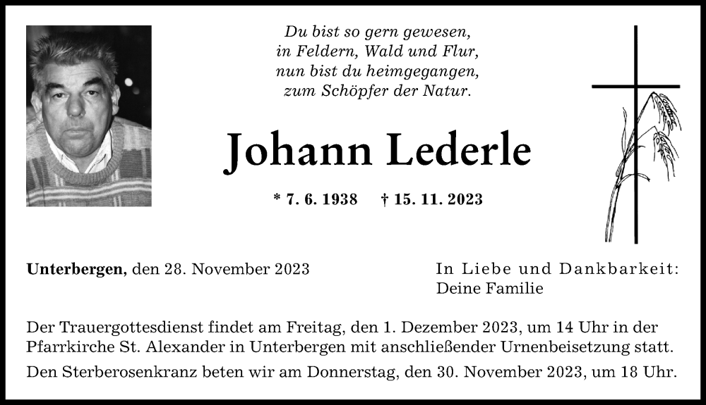  Traueranzeige für Johann Lederle vom 28.11.2023 aus Landsberger Tagblatt, Friedberger Allgemeine