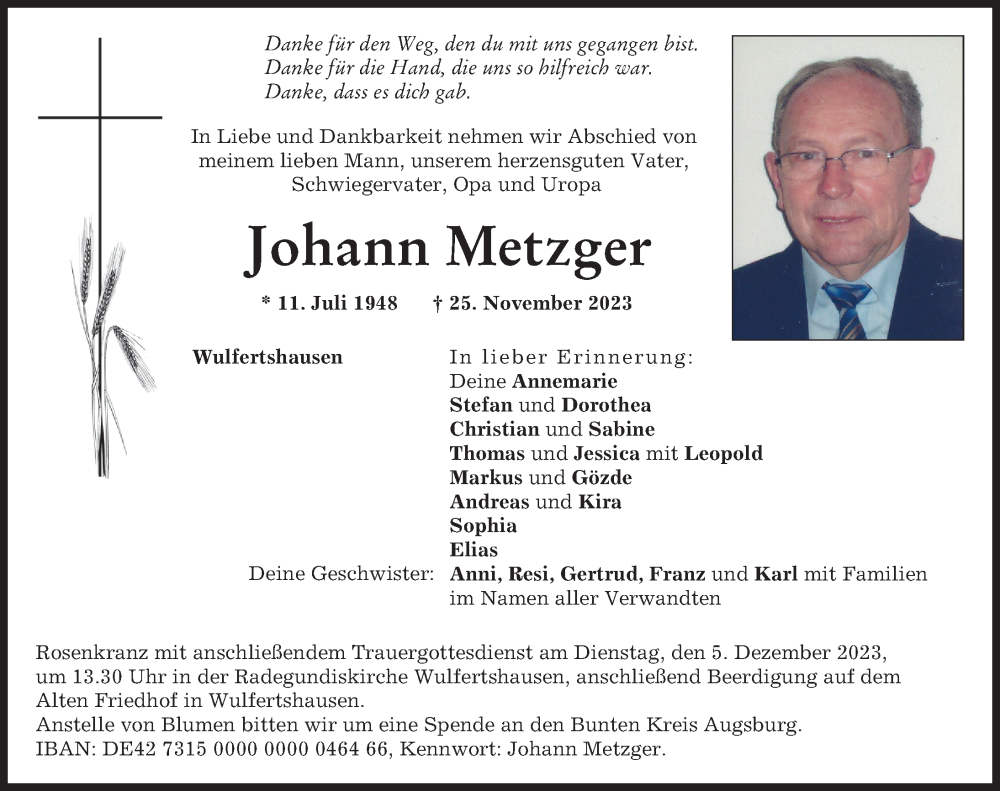  Traueranzeige für Johann Metzger vom 29.11.2023 aus Friedberger Allgemeine, Aichacher Nachrichten