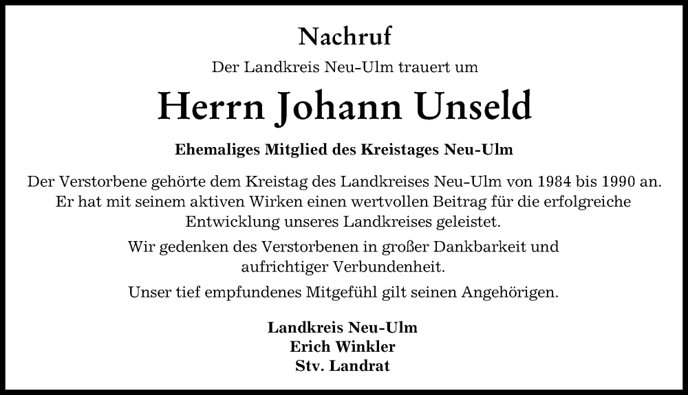  Traueranzeige für Johann Unseld vom 30.11.2023 aus Neu-Ulmer Zeitung