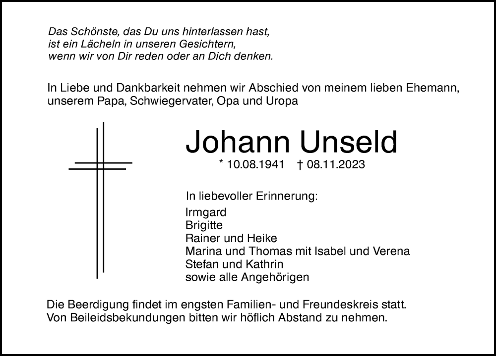 Traueranzeige von Johann Unseld von Augsburger Allgemeine, Neu-Ulmer Zeitung