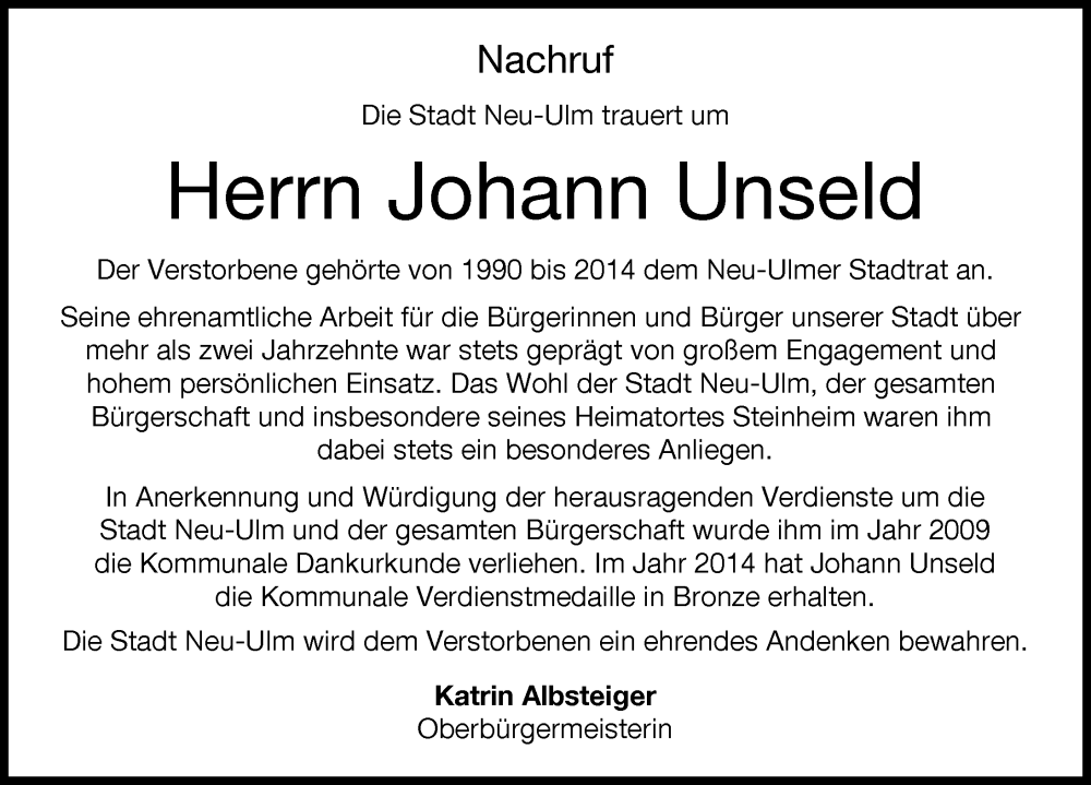  Traueranzeige für Johann Unseld vom 28.11.2023 aus Neu-Ulmer Zeitung