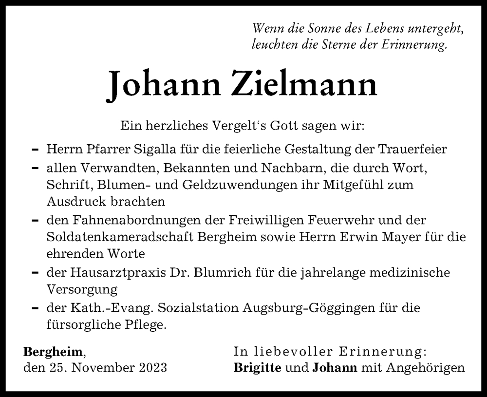  Traueranzeige für Johann Zielmann vom 25.11.2023 aus Augsburger Allgemeine