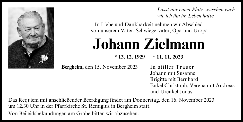  Traueranzeige für Johann Zielmann vom 15.11.2023 aus Augsburger Allgemeine