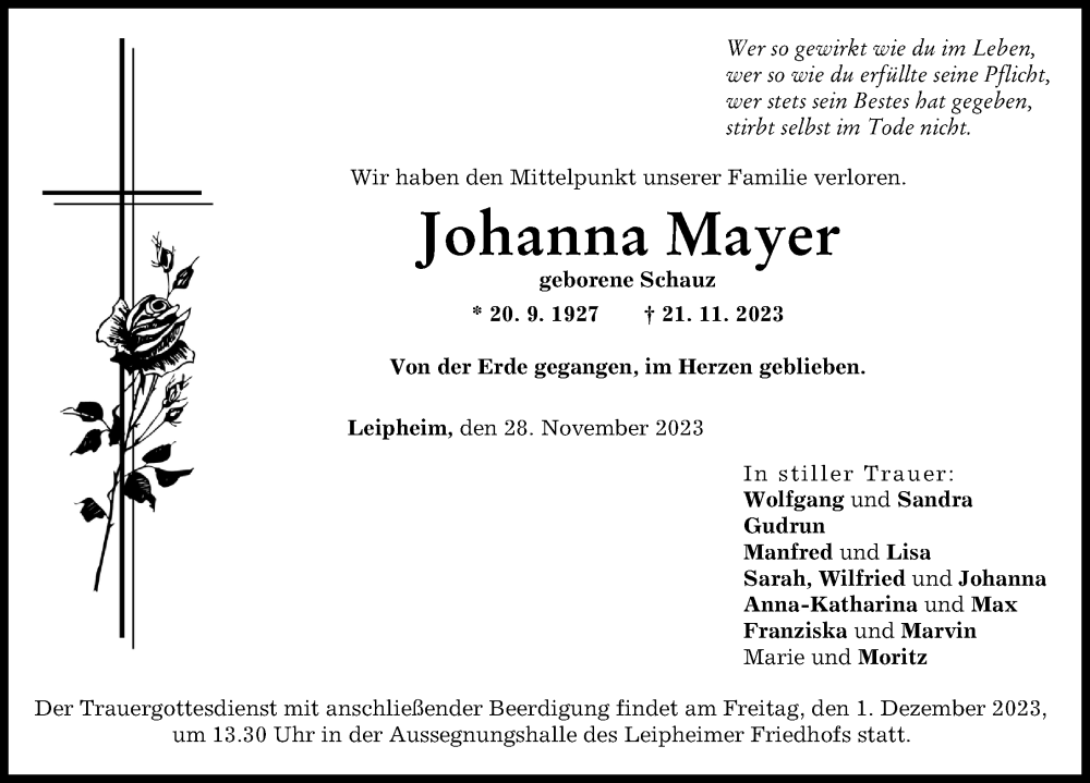  Traueranzeige für Johanna Mayer vom 28.11.2023 aus Günzburger Zeitung