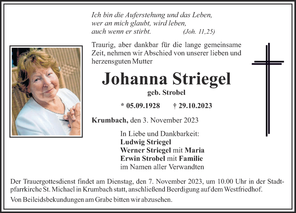 Traueranzeige von Johanna Striegel von Mittelschwäbische Nachrichten