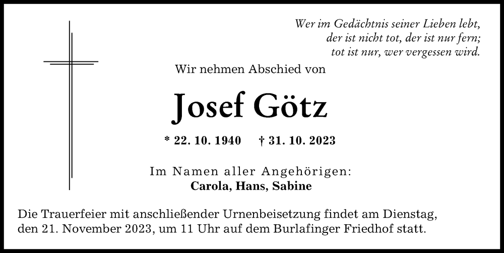 Traueranzeige von Josef Götz von Augsburger Allgemeine, Neu-Ulmer Zeitung