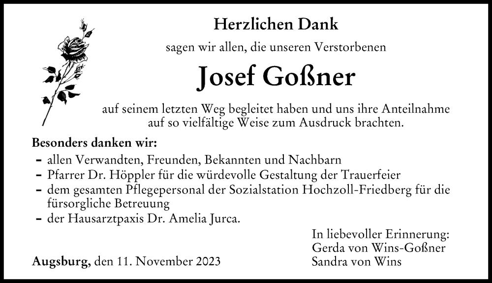 Traueranzeige von Josef Goßner von Augsburger Allgemeine