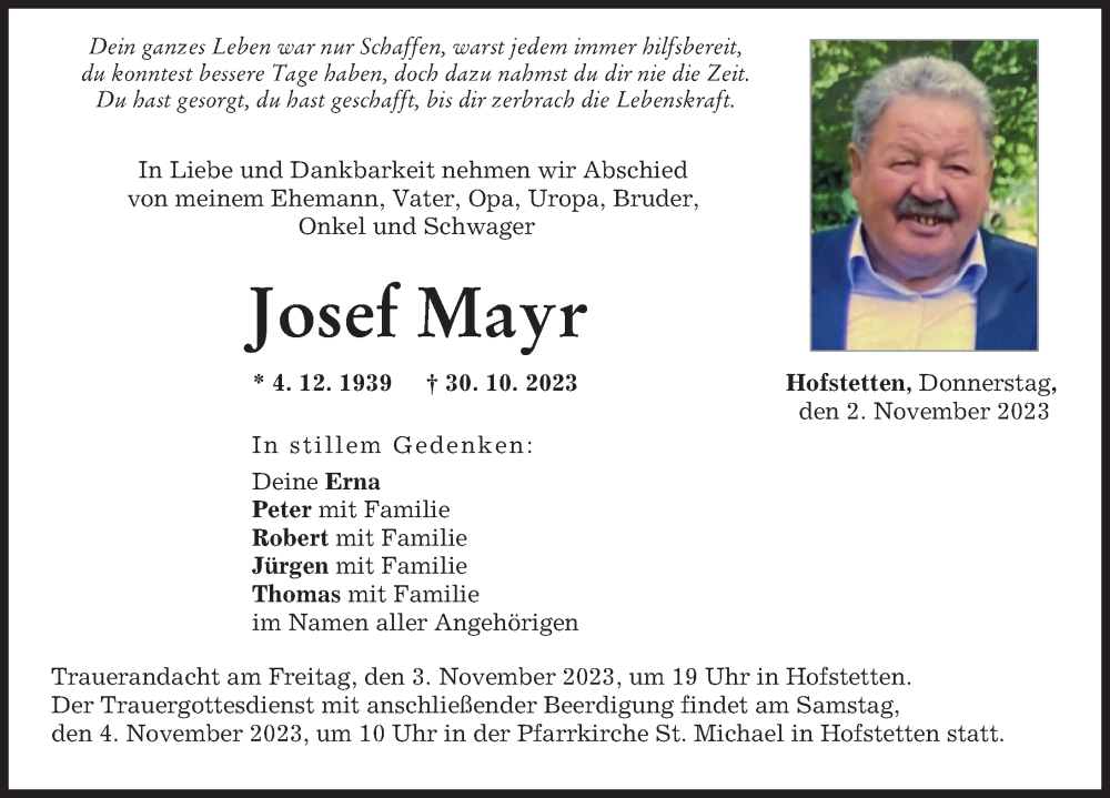 Traueranzeigen Von Josef Mayr Augsburger Allgemeine Zeitung