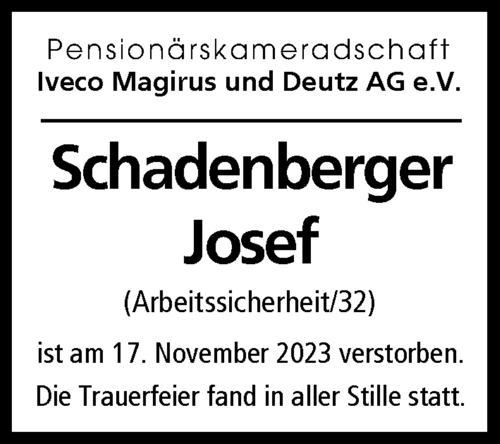 Traueranzeige von Josef Schadenberger von Illertisser Zeitung, Günzburger Zeitung, Neu-Ulmer Zeitung