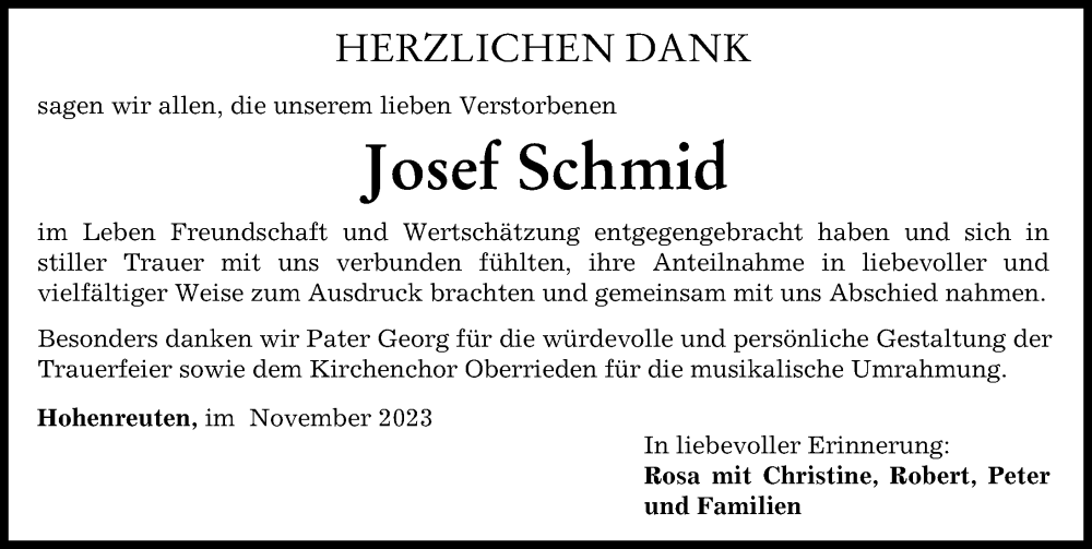 Traueranzeige von Josef Schmid von Mindelheimer Zeitung
