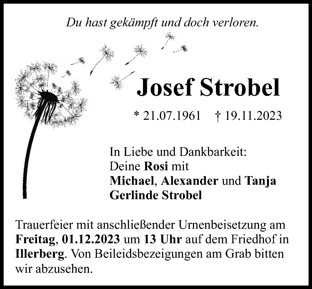Traueranzeige von Josef Strobel von Illertisser Zeitung, Neu-Ulmer Zeitung