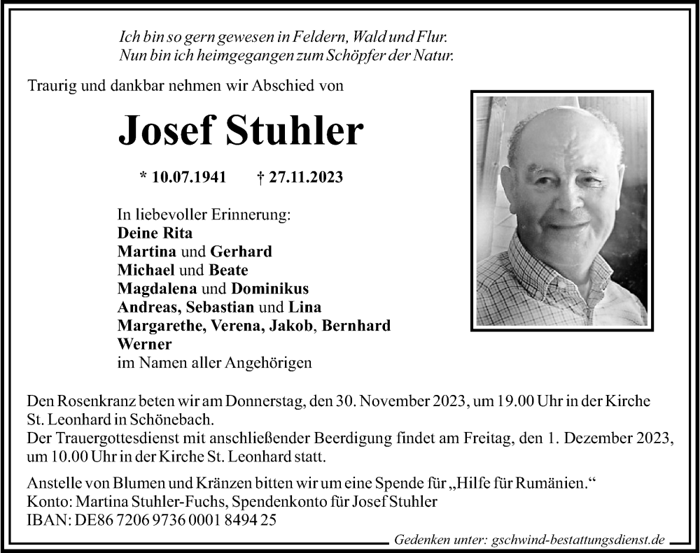  Traueranzeige für Josef Stuhler vom 29.11.2023 aus Augsburg-Land, Mittelschwäbische Nachrichten
