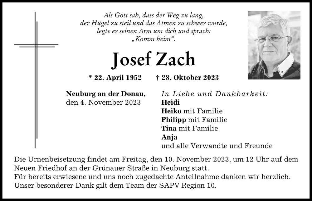 Traueranzeige von Josef Zach von Neuburger Rundschau