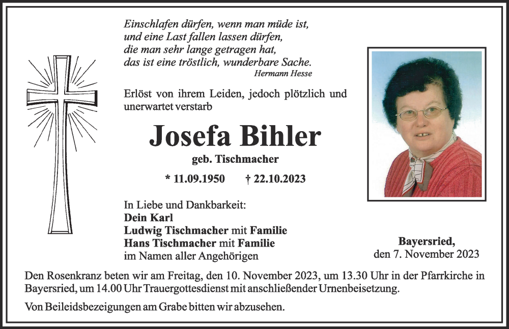 Traueranzeige von Josefa Bihler von Mittelschwäbische Nachrichten