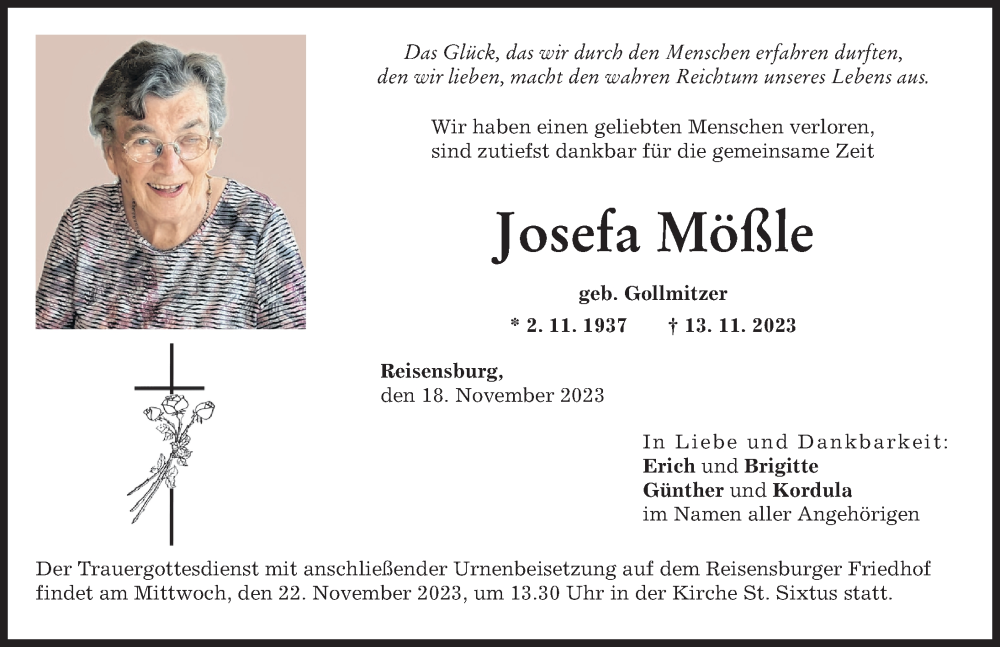 Traueranzeige von Josefa Mößle von Günzburger Zeitung