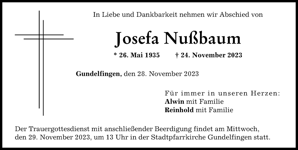  Traueranzeige für Josefa Nußbaum vom 28.11.2023 aus Donau Zeitung