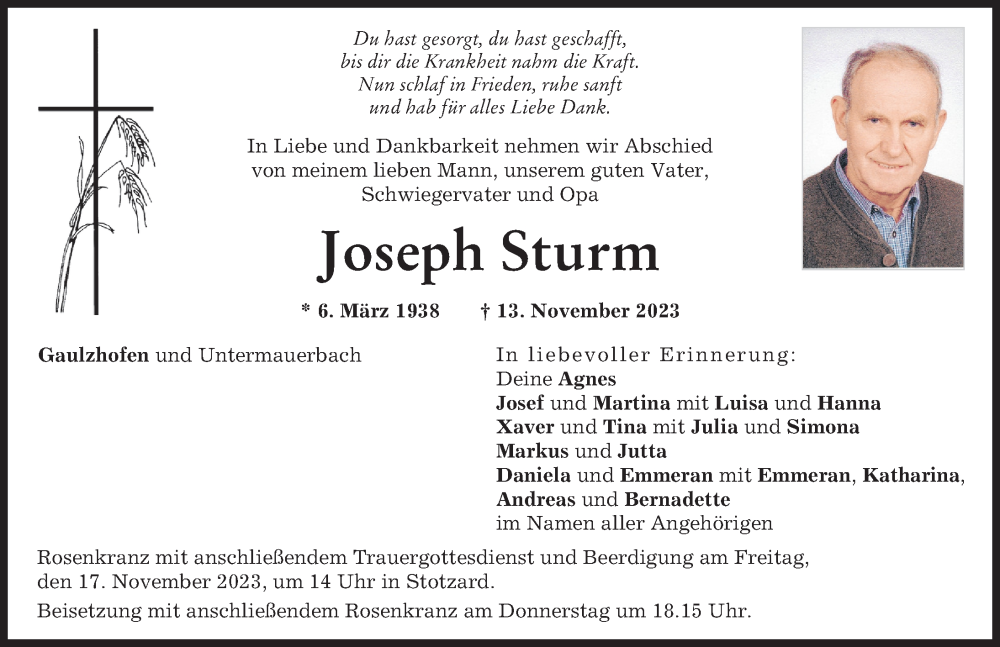 Traueranzeige von Joseph Sturm von Aichacher Nachrichten