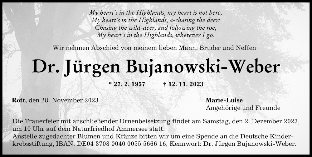  Traueranzeige für Jürgen Bujanowski-Weber vom 28.11.2023 aus Landsberger Tagblatt