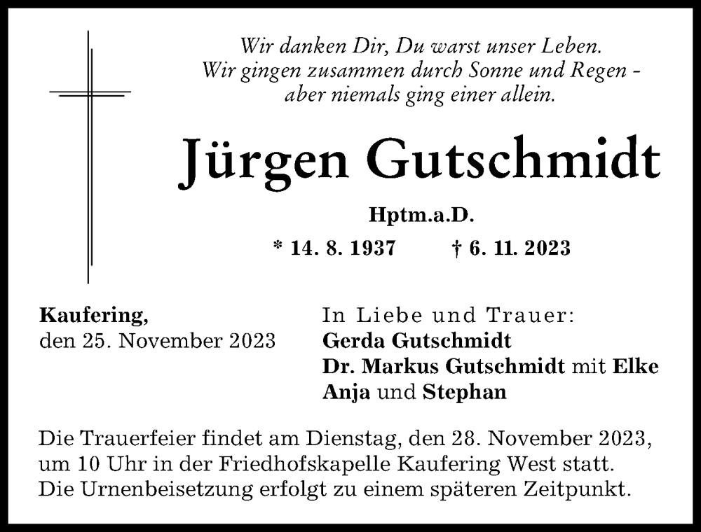 Traueranzeige für Jürgen Gutschmidt vom 25.11.2023 aus Landsberger Tagblatt