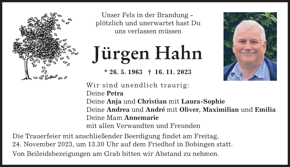 Traueranzeige von Jürgen Hahn von Schwabmünchner Allgemeine, Augsburger Allgemeine
