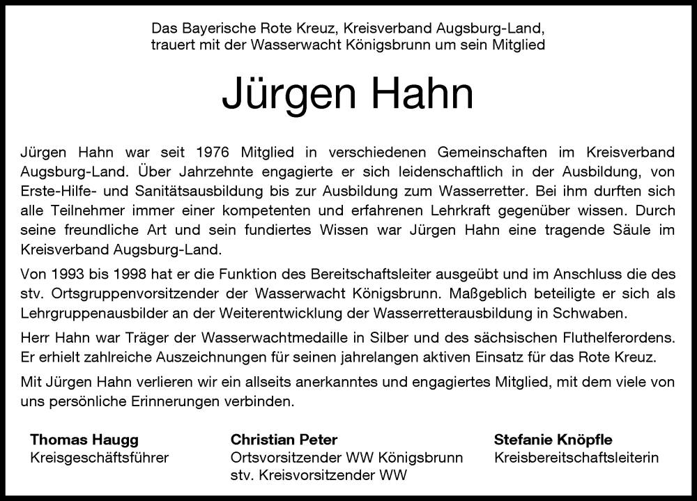 Traueranzeige von Jürgen Hahn von Augsburg-Land