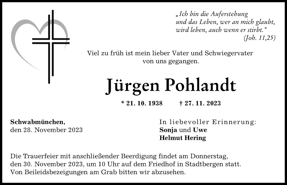  Traueranzeige für Jürgen Pohlandt vom 28.11.2023 aus Augsburger Allgemeine