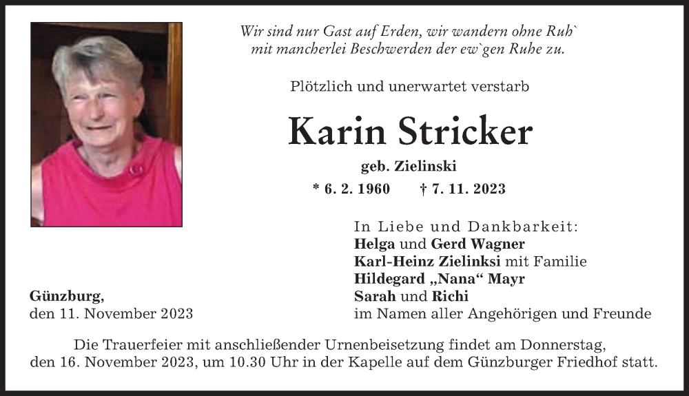 Traueranzeige von Karin Stricker von Günzburger Zeitung