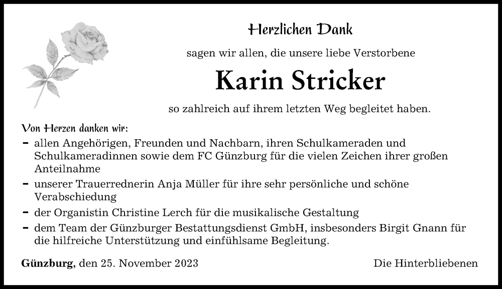Traueranzeige von Karin Stricker von Günzburger Zeitung