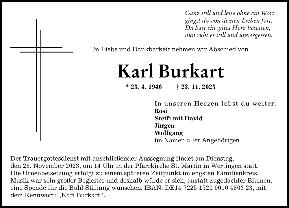 Traueranzeige von Karl Burkart von Wertinger Zeitung