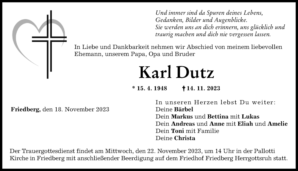  Traueranzeige für Karl Dutz vom 18.11.2023 aus Friedberger Allgemeine, Augsburger Allgemeine