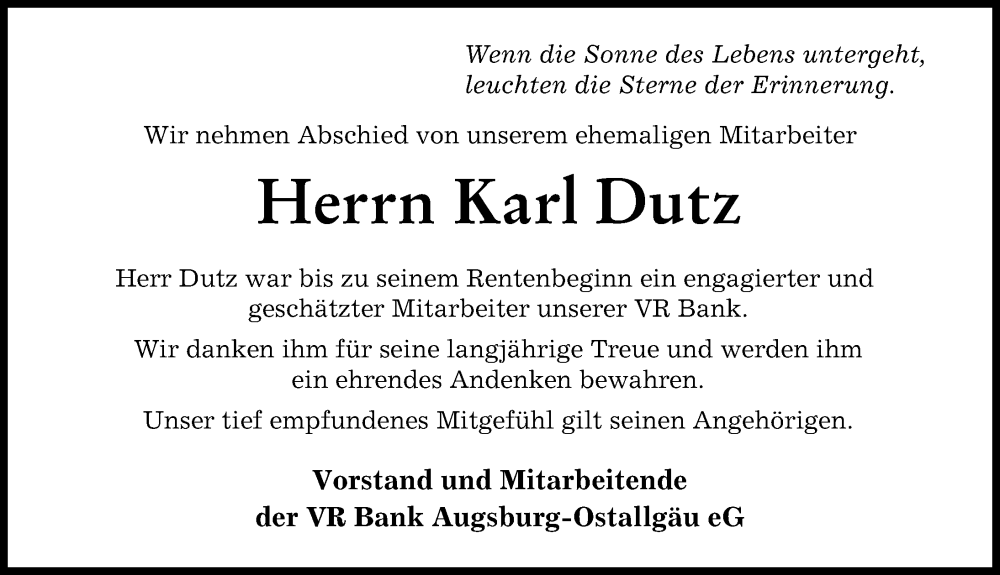  Traueranzeige für Karl Dutz vom 25.11.2023 aus Augsburger Allgemeine